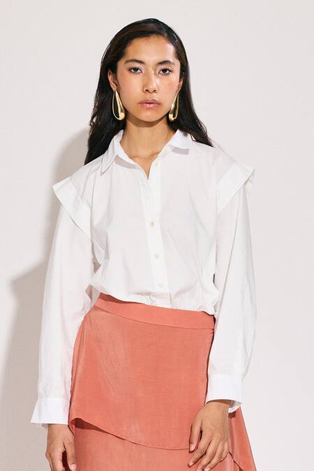 Shop Twinkle Hanspal White Crepe, Poplin Collared Boxy Panelled Shirt And Asymmetric Skirt Set Online at Aza Fashions Shop_Twinkle Hanspal_White Crepe, Poplin Collared Boxy Panelled Shirt And Asymmetric Skirt Set_Online_at_Aza_Fashions