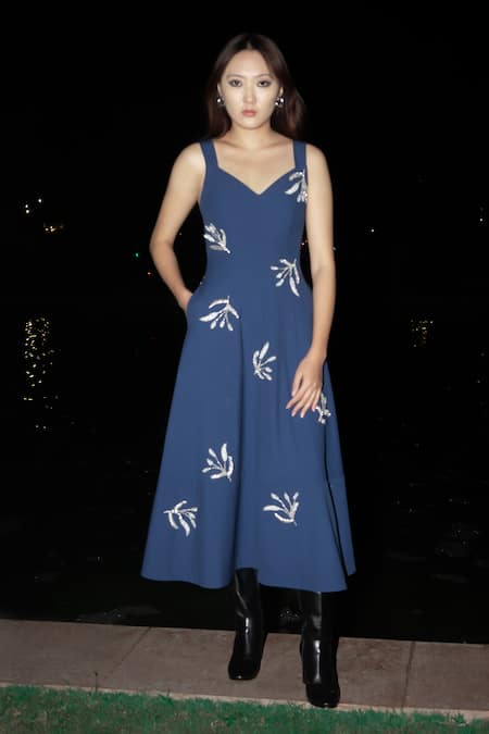 Leh Studios Blue Viscose Beads, Sequins Sweetheart Neck Navy Embroidered Midi Dress at Aza Fashions Leh Studios_Blue Viscose Beads, Sequins Sweetheart Neck Navy Embroidered Midi Dress _at_Aza_Fashions