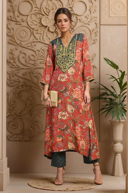 Samyukta Singhania Multi Color Kurta Muslin Printed Floral V Neck And Pant Set 