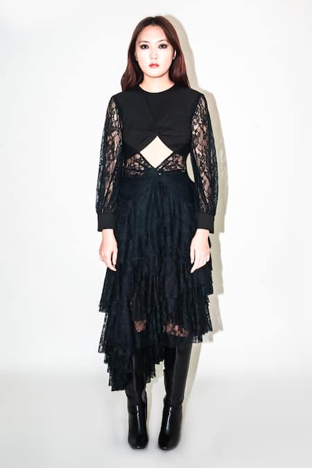 Leh Studios Black Viscose Lace Round Neck Draped Top Online at Aza Fashions Leh Studios_Black Viscose Lace Round Neck Draped Top _Online_at_Aza_Fashions