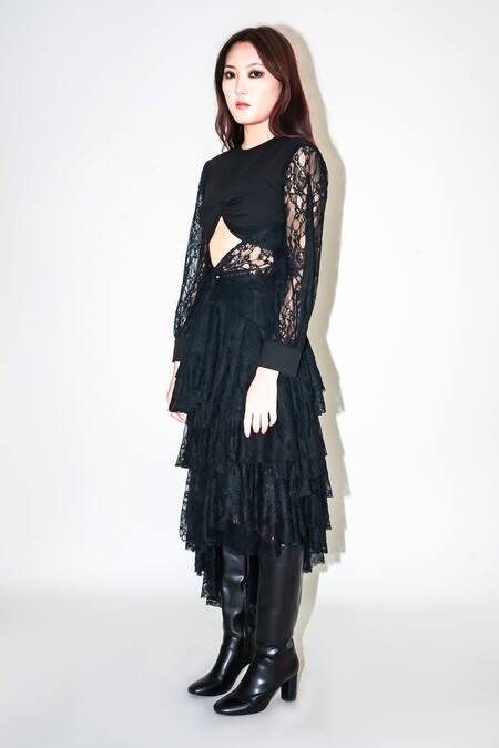 Buy Leh Studios Black Viscose Lace Round Neck Draped Top Online at Aza Fashions Buy_Leh Studios_Black Viscose Lace Round Neck Draped Top _Online_at_Aza_Fashions