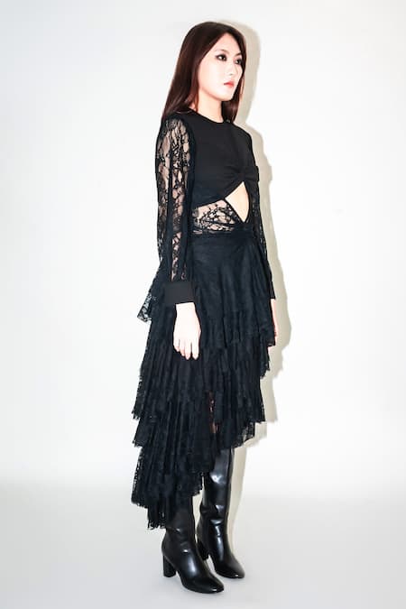 Shop Leh Studios Black Viscose Lace Round Neck Draped Top Online at Aza Fashions Shop_Leh Studios_Black Viscose Lace Round Neck Draped Top _Online_at_Aza_Fashions