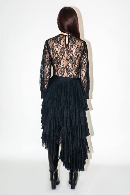 Leh Studios Black Viscose Lace Round Neck Draped Top at Aza Fashions Leh Studios_Black Viscose Lace Round Neck Draped Top _at_Aza_Fashions