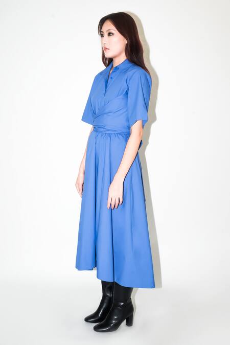 Leh Studios Blue Cotton Collared Plain Tie-up Midi Dress Online at Aza Fashions Leh Studios_Blue Cotton Collared Plain Tie-up Midi Dress _Online_at_Aza_Fashions
