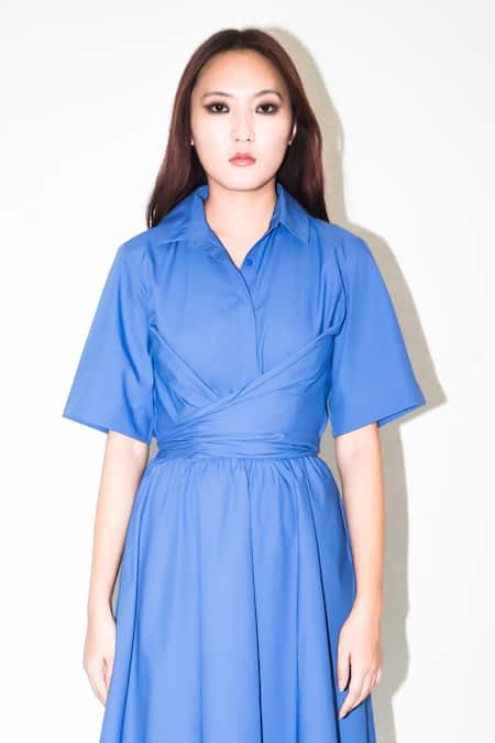 Shop Leh Studios Blue Cotton Collared Plain Tie-up Midi Dress Online at Aza Fashions Shop_Leh Studios_Blue Cotton Collared Plain Tie-up Midi Dress _Online_at_Aza_Fashions