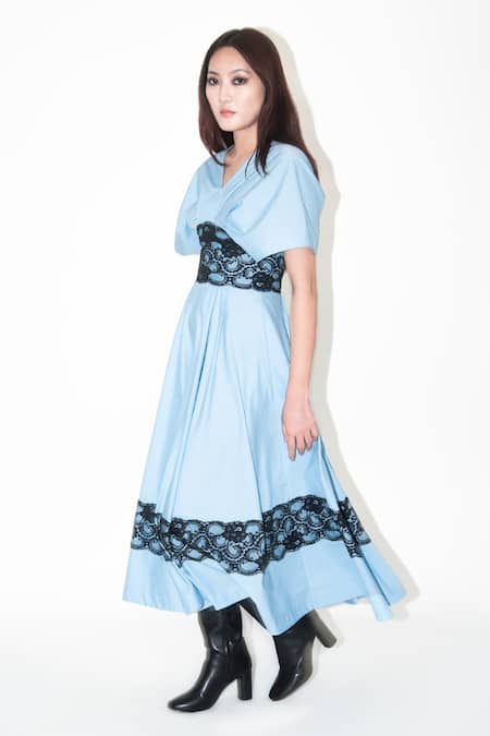 Leh Studios Blue Cotton Lace V-neck Powder Embellished Maxi Dress Online at Aza Fashions Leh Studios_Blue Cotton Lace V-neck Powder Embellished Maxi Dress _Online_at_Aza_Fashions