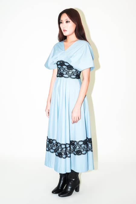 Shop Leh Studios Blue Cotton Lace V-neck Powder Embellished Maxi Dress Online at Aza Fashions Shop_Leh Studios_Blue Cotton Lace V-neck Powder Embellished Maxi Dress _Online_at_Aza_Fashions