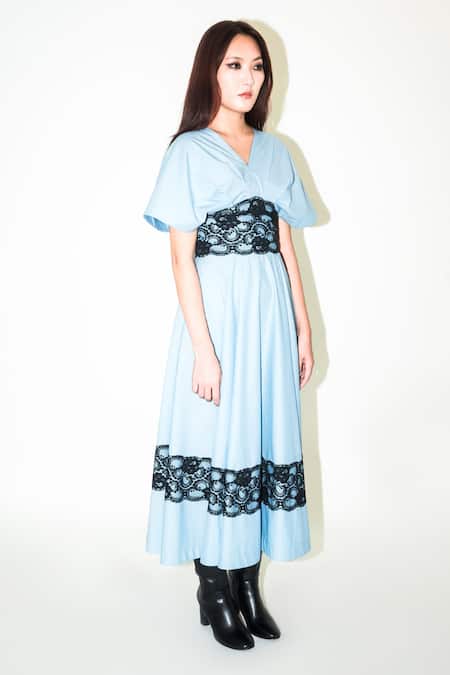 Leh Studios Blue Cotton Lace V-neck Powder Embellished Maxi Dress at Aza Fashions Leh Studios_Blue Cotton Lace V-neck Powder Embellished Maxi Dress _at_Aza_Fashions