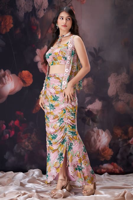 Buy_Amani_Beige Chiffon, Crepe, Silk Sequins, Beads, Floral Print Jacket Skirt Set _Online_at_Aza_Fashions