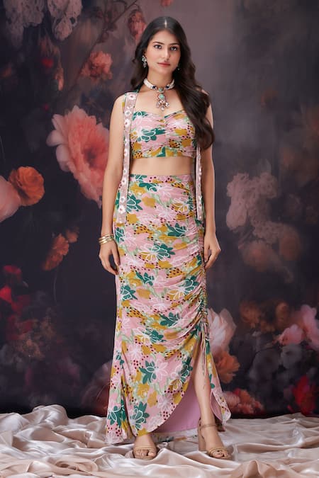 Amani_Beige Chiffon, Crepe, Silk Sequins, Beads, Floral Print Jacket Skirt Set _at_Aza_Fashions