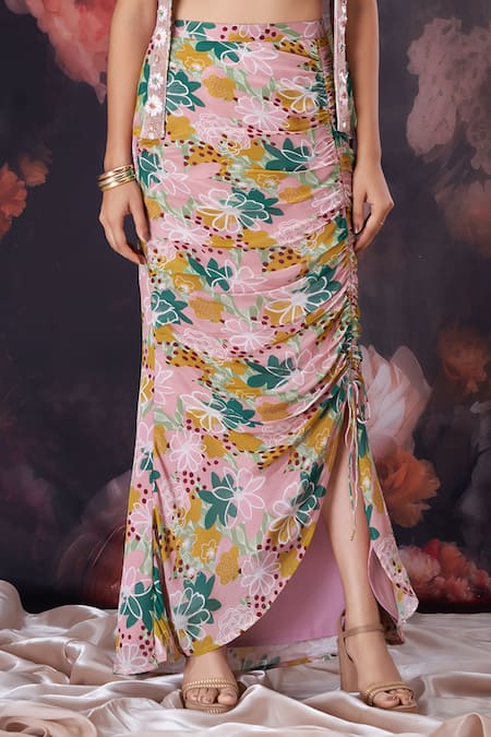 Buy_Amani_Beige Chiffon, Crepe, Silk Sequins, Beads, Floral Print Jacket Skirt Set 