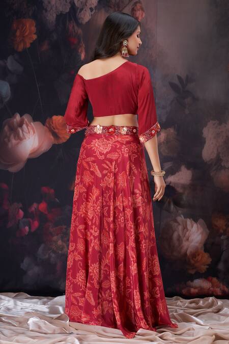 Shop Amani Maroon Crepe, Silk Beads, Sequins, Embroidery Floral Print Crop Top And Skirt Set at Aza Fashions Shop_Amani_Maroon Crepe, Silk Beads, Sequins, Embroidery Floral Print Crop Top And Skirt Set_at_Aza_Fashions