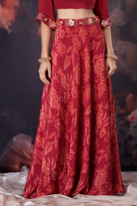 Amani Maroon Crepe, Silk Beads, Sequins, Embroidery Floral Print Crop Top And Skirt Set Online at Aza Fashions Amani_Maroon Crepe, Silk Beads, Sequins, Embroidery Floral Print Crop Top And Skirt Set_Online_at_Aza_Fashions