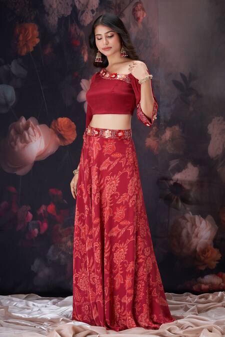 Buy Amani Maroon Crepe, Silk Beads, Sequins, Embroidery Floral Print Crop Top And Skirt Set Online at Aza Fashions Buy_Amani_Maroon Crepe, Silk Beads, Sequins, Embroidery Floral Print Crop Top And Skirt Set_Online_at_Aza_Fashions