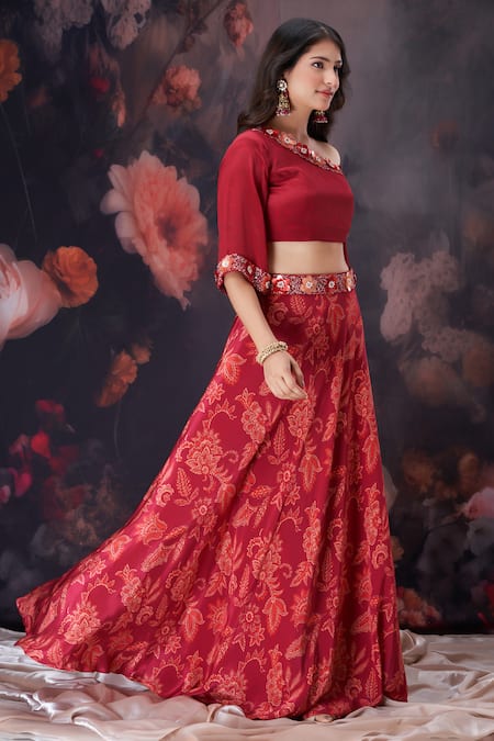 Amani Maroon Crepe, Silk Beads, Sequins, Embroidery Floral Print Crop Top And Skirt Set at Aza Fashions Amani_Maroon Crepe, Silk Beads, Sequins, Embroidery Floral Print Crop Top And Skirt Set_at_Aza_Fashions