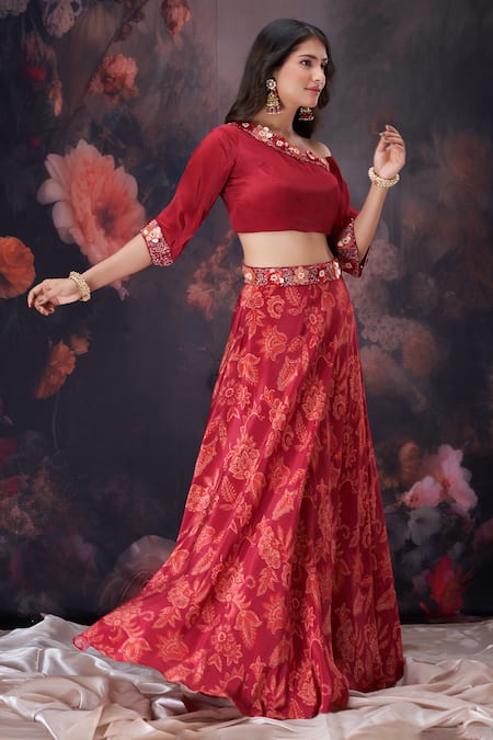 Buy Amani Maroon Crepe, Silk Beads, Sequins, Embroidery Floral Print Crop Top And Skirt Set Buy_Amani_Maroon Crepe, Silk Beads, Sequins, Embroidery Floral Print Crop Top And Skirt Set