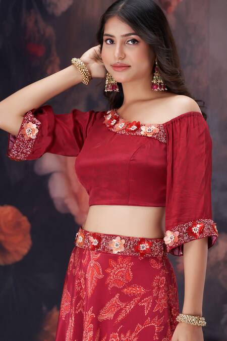 Shop Amani Maroon Crepe, Silk Beads, Sequins, Embroidery Floral Print Crop Top And Skirt Set Shop_Amani_Maroon Crepe, Silk Beads, Sequins, Embroidery Floral Print Crop Top And Skirt Set
