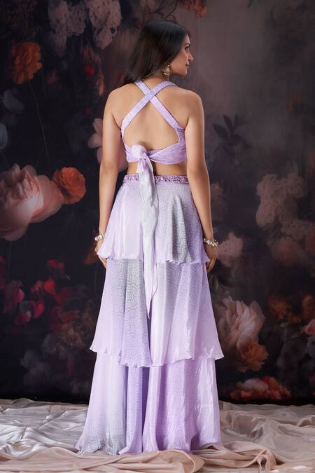 Shop_Amani_Lavender Crepe, Silk Crystals, Sequins, Beads Bandhani Print Blouse And Skirt Set_at_Aza_Fashions