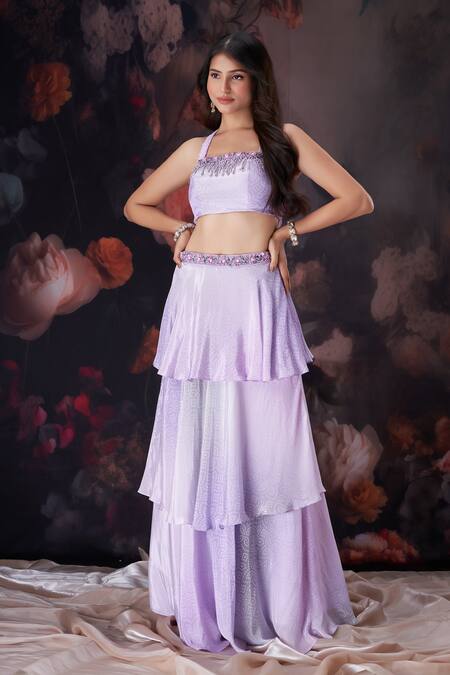 Amani_Lavender Crepe, Silk Crystals, Sequins, Beads Bandhani Print Blouse And Skirt Set_Online_at_Aza_Fashions