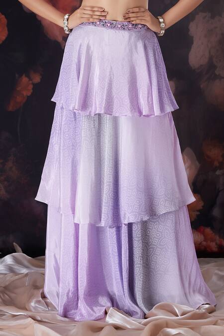 Amani_Lavender Crepe, Silk Crystals, Sequins, Beads Bandhani Print Blouse And Skirt Set_at_Aza_Fashions