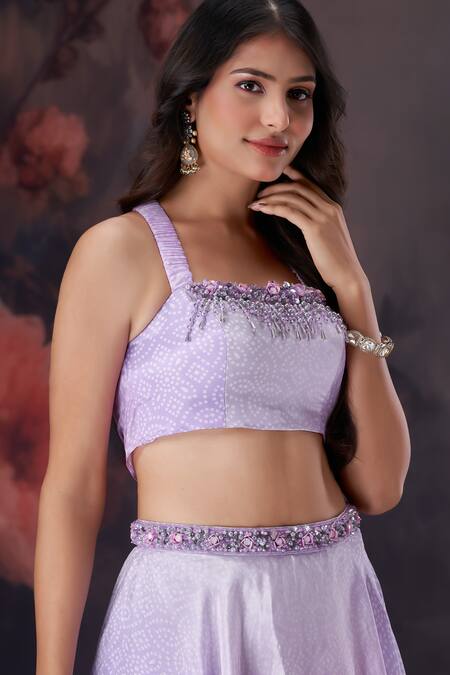 Buy_Amani_Lavender Crepe, Silk Crystals, Sequins, Beads Bandhani Print Blouse And Skirt Set