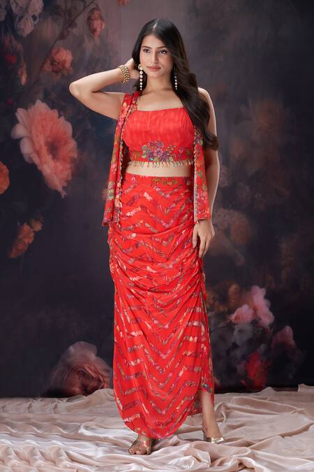 Buy_Amani_Red Crepe, Silk Embroidery, Crystals Square Floral Embellished Jacket Skirt Set _Online_at_Aza_Fashions