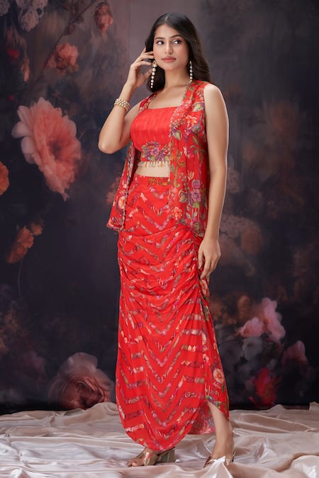 Shop_Amani_Red Crepe, Silk Embroidery, Crystals Square Floral Embellished Jacket Skirt Set _Online_at_Aza_Fashions