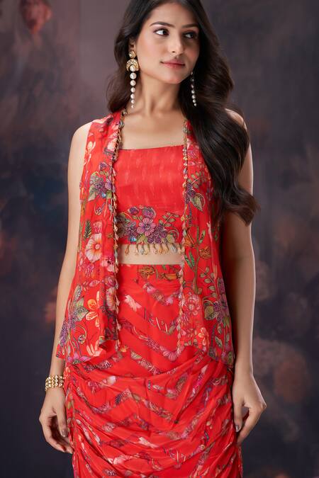 Amani_Red Crepe, Silk Embroidery, Crystals Square Floral Embellished Jacket Skirt Set _at_Aza_Fashions