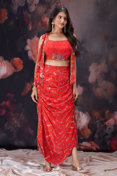 Buy_Amani_Red Crepe, Silk Embroidery, Crystals Square Floral Embellished Jacket Skirt Set 