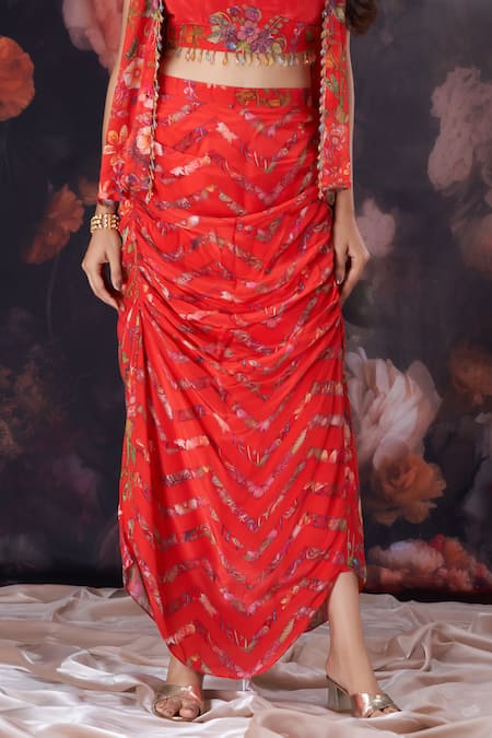 Shop_Amani_Red Crepe, Silk Embroidery, Crystals Square Floral Embellished Jacket Skirt Set 