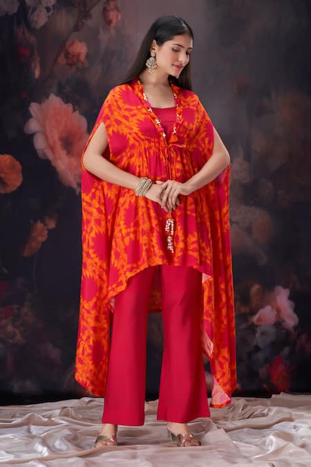 Buy_Amani_Orange Silk Pearls Tie Dye Cape And Pant Set _Online_at_Aza_Fashions