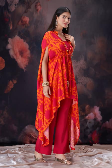 Shop_Amani_Orange Silk Pearls Tie Dye Cape And Pant Set _Online_at_Aza_Fashions