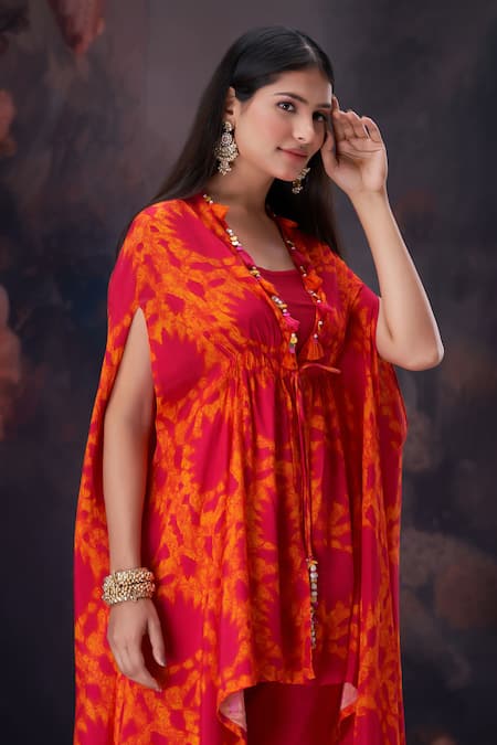 Amani_Orange Silk Pearls Tie Dye Cape And Pant Set _at_Aza_Fashions