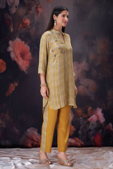 Amani Yellow Crepe, Cotton, Silk Crystals Mandarin Collar Striped Kurta And Pant Set Online at Aza Fashions Amani_Yellow Crepe, Cotton, Silk Crystals Mandarin Collar Striped Kurta And Pant Set_Online_at_Aza_Fashions