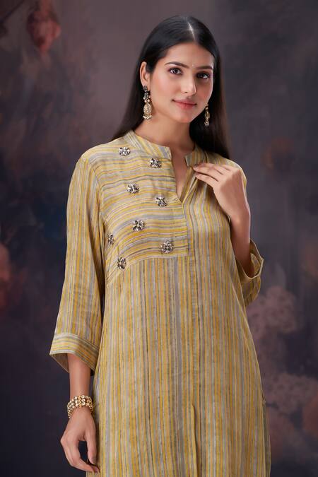 Buy Amani Yellow Crepe, Cotton, Silk Crystals Mandarin Collar Striped Kurta And Pant Set Online at Aza Fashions Buy_Amani_Yellow Crepe, Cotton, Silk Crystals Mandarin Collar Striped Kurta And Pant Set_Online_at_Aza_Fashions