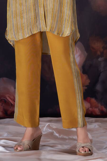 Amani Yellow Crepe, Cotton, Silk Crystals Mandarin Collar Striped Kurta And Pant Set at Aza Fashions Amani_Yellow Crepe, Cotton, Silk Crystals Mandarin Collar Striped Kurta And Pant Set_at_Aza_Fashions