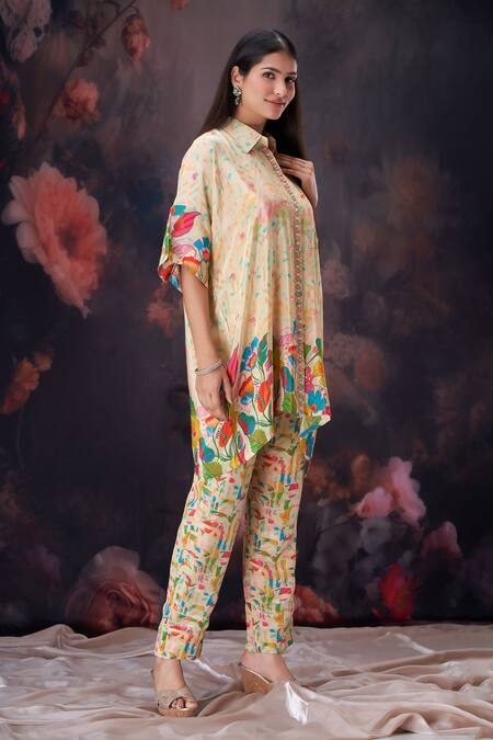 Buy_Amani_Yellow Crepe, Muslin, Cotton Crystals, Sequins, Botanical Print Shirt And Pant Set _Online_at_Aza_Fashions