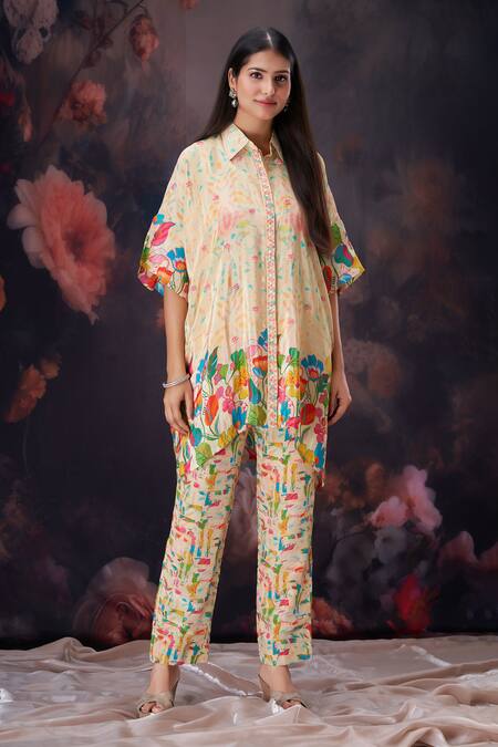 Shop_Amani_Yellow Crepe, Muslin, Cotton Crystals, Sequins, Botanical Print Shirt And Pant Set _Online_at_Aza_Fashions