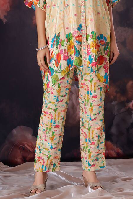 Amani_Yellow Crepe, Muslin, Cotton Crystals, Sequins, Botanical Print Shirt And Pant Set _at_Aza_Fashions