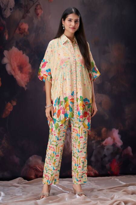 Buy_Amani_Yellow Crepe, Muslin, Cotton Crystals, Sequins, Botanical Print Shirt And Pant Set 