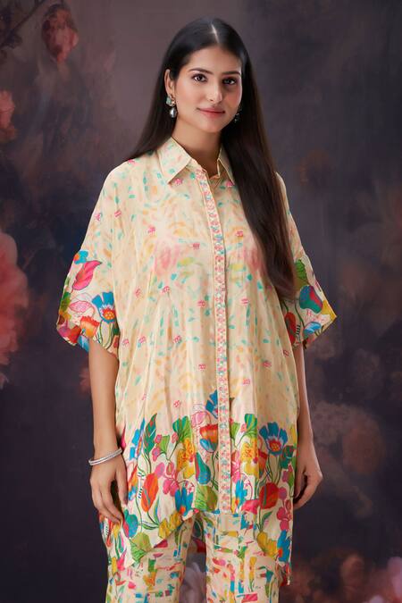 Shop_Amani_Yellow Crepe, Muslin, Cotton Crystals, Sequins, Botanical Print Shirt And Pant Set 