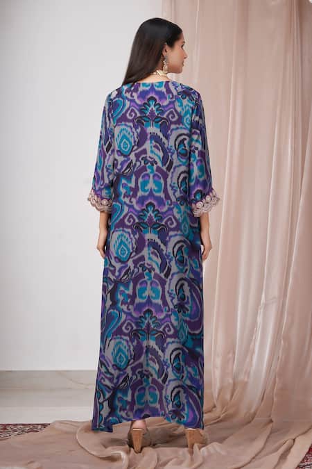 Amani_Blue Crepe, Linen Zari, Embroidery Scoop Ikat Print Bustier Jacket Pant Set _Online_at_Aza_Fashions