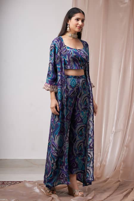 Buy_Amani_Blue Crepe, Linen Zari, Embroidery Scoop Ikat Print Bustier Jacket Pant Set _Online_at_Aza_Fashions