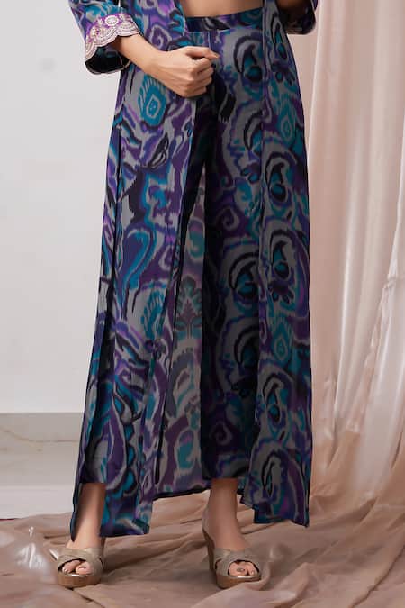 Shop_Amani_Blue Crepe, Linen Zari, Embroidery Scoop Ikat Print Bustier Jacket Pant Set _Online_at_Aza_Fashions