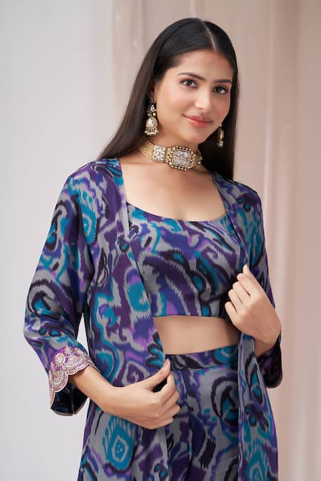 Amani_Blue Crepe, Linen Zari, Embroidery Scoop Ikat Print Bustier Jacket Pant Set _at_Aza_Fashions