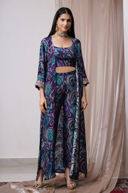 Buy_Amani_Blue Crepe, Linen Zari, Embroidery Scoop Ikat Print Bustier Jacket Pant Set 