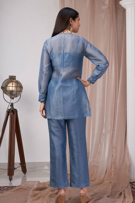 Shop Amani Blue Organza, Crepe, Cotton Beads, Crystals V-neck, Embellished V Kurta Set at Aza Fashions Shop_Amani_Blue Organza, Crepe, Cotton Beads, Crystals V-neck, Embellished V Kurta Set_at_Aza_Fashions