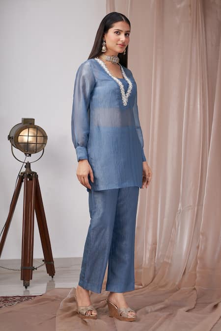 Amani Blue Organza, Crepe, Cotton Beads, Crystals V-neck, Embellished V Kurta Set Online at Aza Fashions Amani_Blue Organza, Crepe, Cotton Beads, Crystals V-neck, Embellished V Kurta Set_Online_at_Aza_Fashions