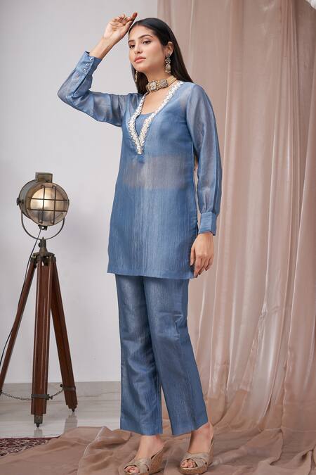 Buy Amani Blue Organza, Crepe, Cotton Beads, Crystals V-neck, Embellished V Kurta Set Online at Aza Fashions Buy_Amani_Blue Organza, Crepe, Cotton Beads, Crystals V-neck, Embellished V Kurta Set_Online_at_Aza_Fashions