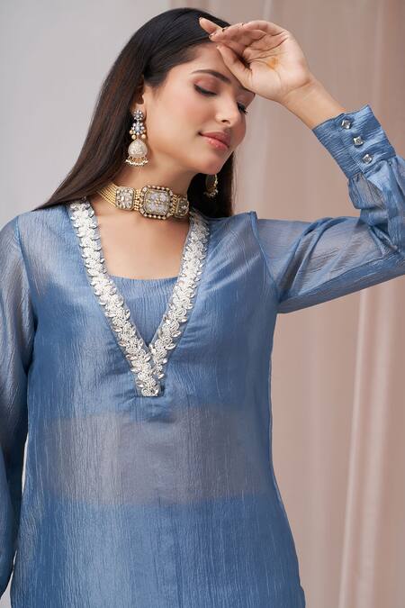 Amani Blue Organza, Crepe, Cotton Beads, Crystals V-neck, Embellished V Kurta Set at Aza Fashions Amani_Blue Organza, Crepe, Cotton Beads, Crystals V-neck, Embellished V Kurta Set_at_Aza_Fashions